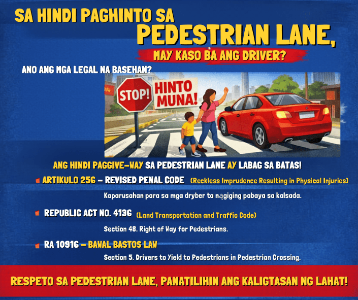 sa hindi paghinto sa pedestrian lane, may kaso ba ang driver?